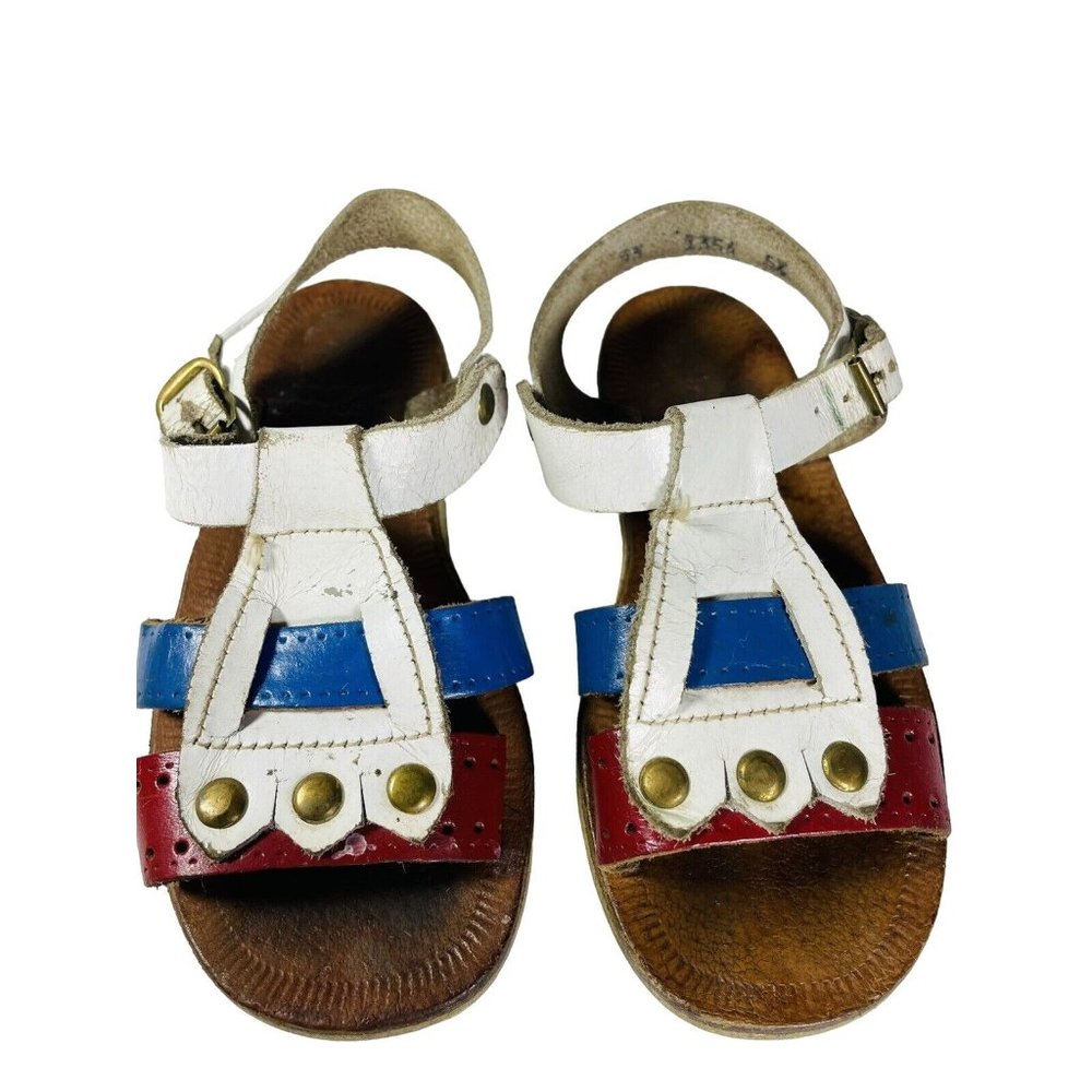 Vintage Girls Sandals Size 6.5 Red White Blue India Leather